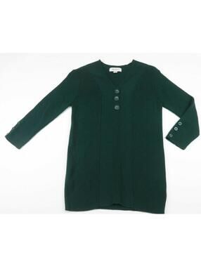 Dressbarn Womens Ribbed 3/4 Sleeve V- Neck Green Sweater S